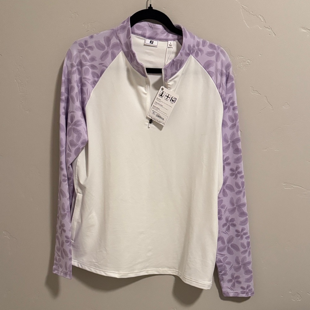 FJ Footjoy white and lavender 1/4 zip activewear pullover